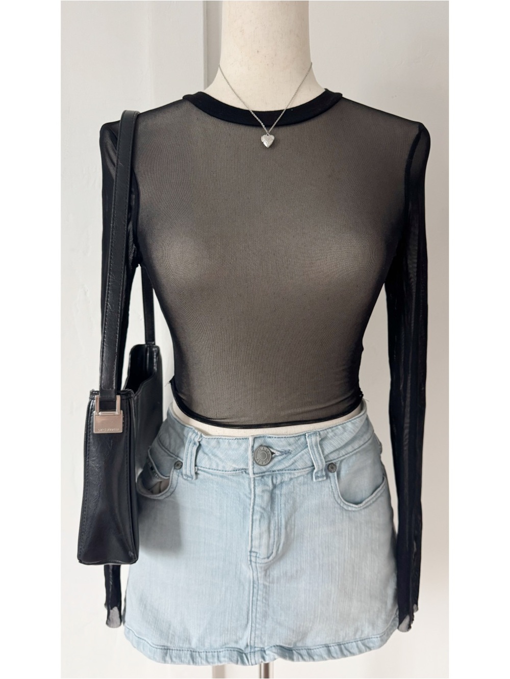 ASOS Black Mesh Sheer Long Sleeve Top Blouse